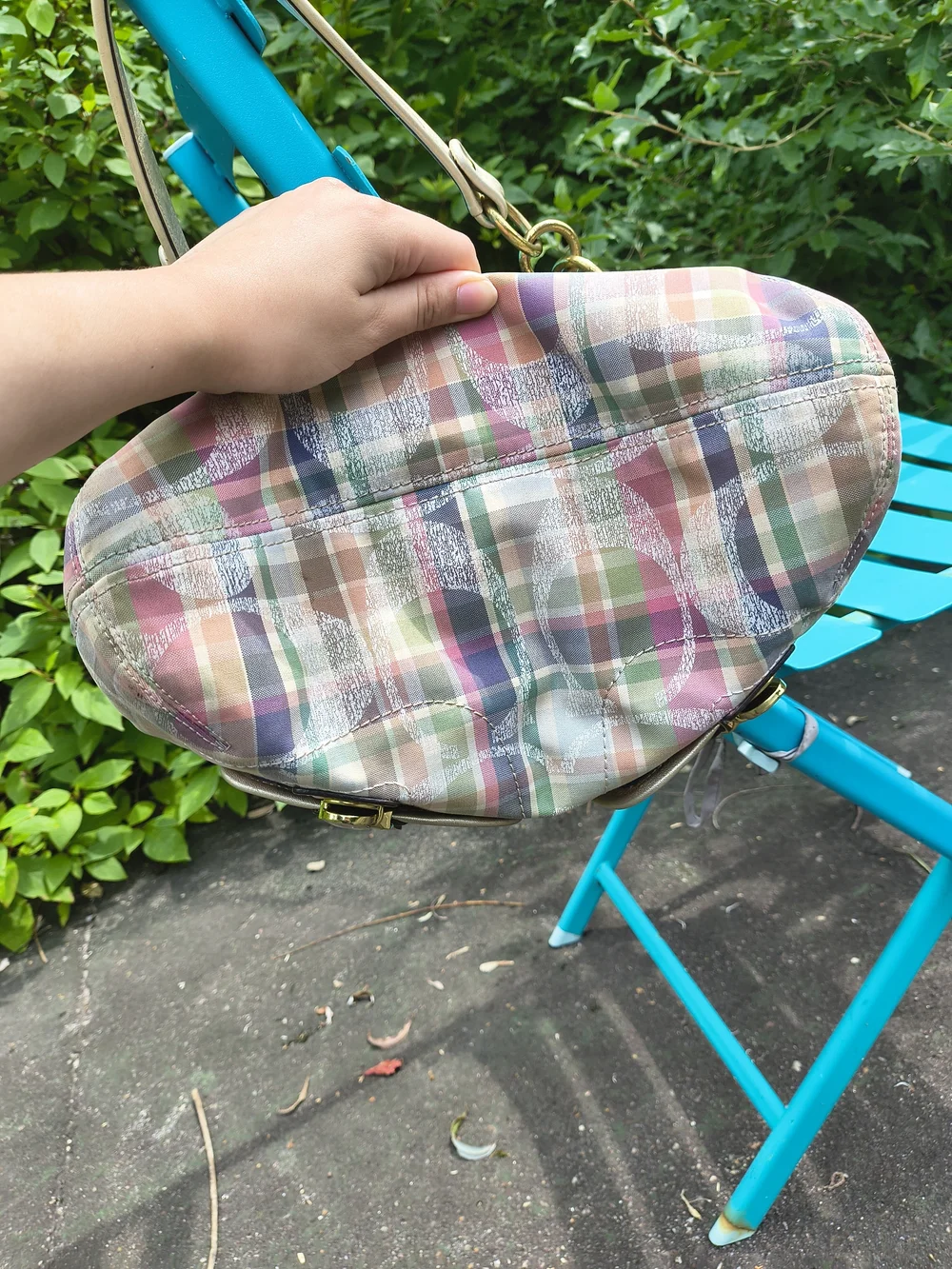 Coach Poppy Daisy Signature Coach Pastel Plaid Canvas Shoulder Bag with Gold Tag